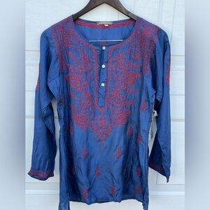 Subtle Luxury Silk Blouse Womens XS S Embroidered Floral Long Sleeve